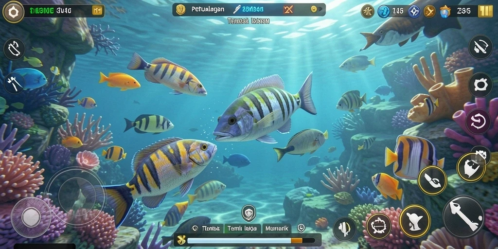 Tampilan gameplay seru dalam 234E saat menembak ikan.