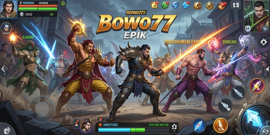 Screenshot utama BOWO77 menampilkan pertarungan yang intens dan karakter beragam.