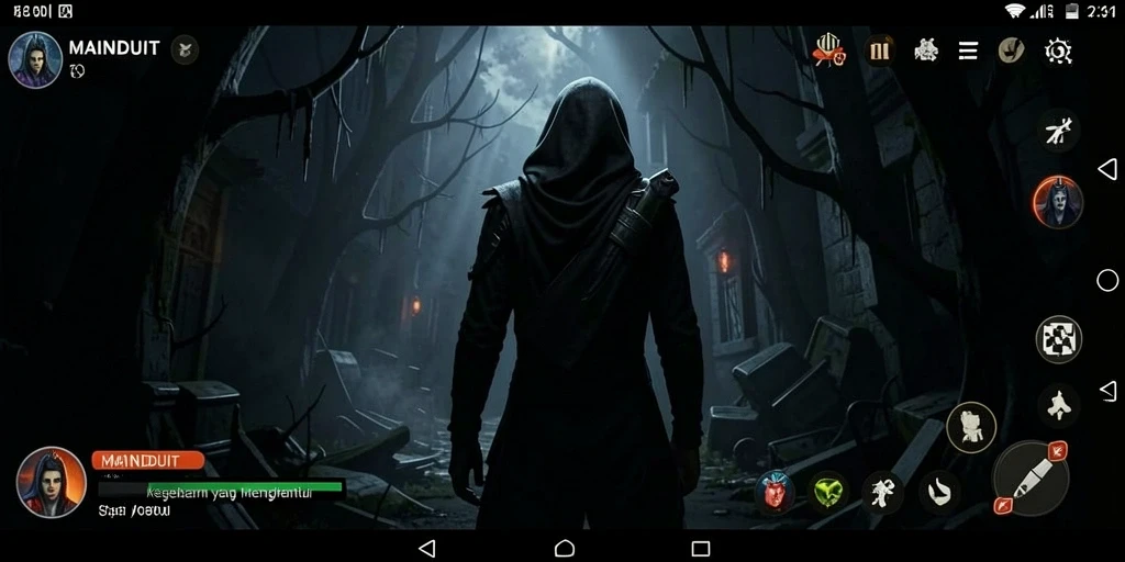 Screenshot gameplay MAINDUIT menampilkan suasana menyeramkan yang mendalam.