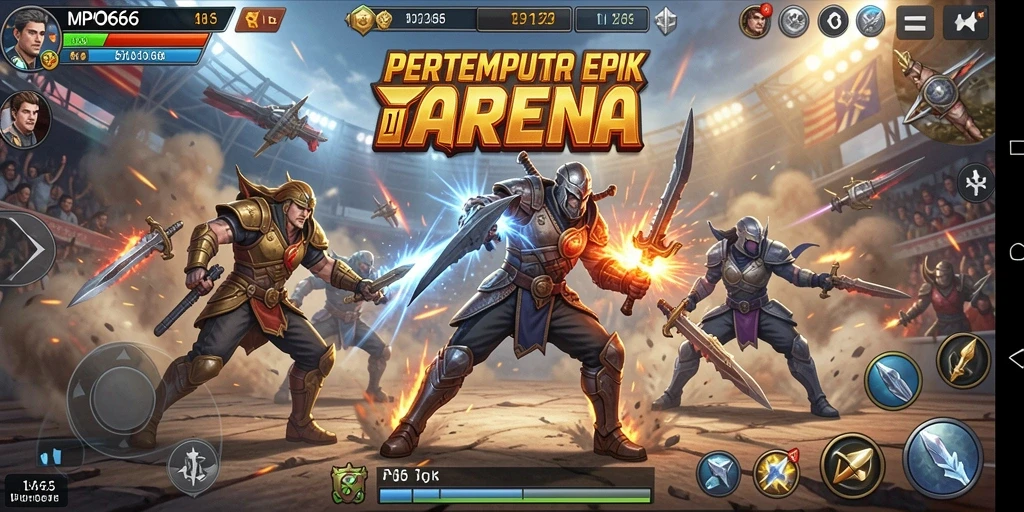 Screenshot MPO666 menunjukkan karakter bertarung dengan latar belakang arena penuh aksi.