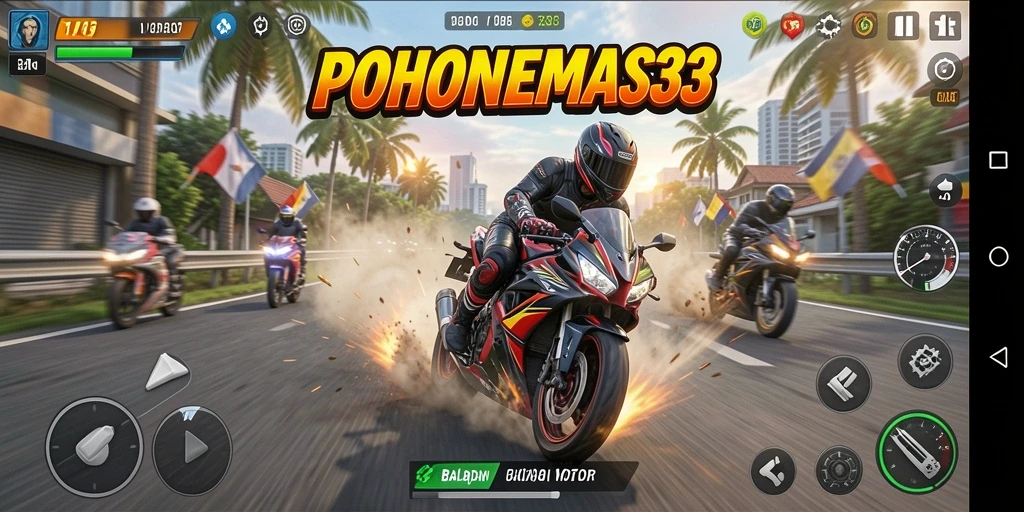 Tampilan gameplay seru POHONEMAS33 dengan aksi balapan motor yang mendebarkan.
